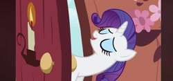 Size: 705x331 | Tagged: safe, screencap, rarity, pony, unicorn, g4, season 2, secret of my excess, 2d, blue eyeshadow, eyes closed, eyeshadow, female, golden oaks library, makeup, mare, neck, purple hair, purple mane, smiling, solo, white body, white coat, white fur, white pony