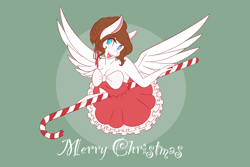 Size: 2048x1365 | Tagged: safe, artist:mscolorsplash, oc, oc only, oc:color splash, pegasus, anthro, bare shoulders, bow, breasts, candy, candy cane, christmas, cleavage, clothes, dress, female, food, green background, holiday, mare, merry christmas, open mouth, open smile, simple background, smiling, solo, spread wings, text, wings