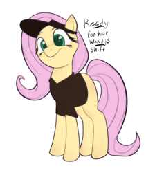 Size: 1838x2052 | Tagged: safe, artist:maggotz5k, fluttershy, pegasus, pony, g4, colored pupils, missing cutie mark, polo shirt, simple background, solo, visor cap, wendy's, white background, wingless, working