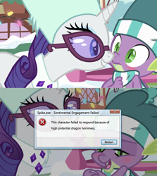 Size: 1942x2180 | Tagged: safe, edit, edited screencap, editor:wojtek-ツ, screencap, rarity, spike, dragon, pony, unicorn, g4, my little pony best gift ever, blushing, boop, close-up, clothes, duo, duo male and female, error message, fake, faker than a three dollar bill, female, glasses, hat, male, mare, meme, microsoft windows, nose to nose, nose wrinkle, noseboop, scarf, ship:sparity, shipping, shipping fuel, smiling, snow, spike want, straight, striped scarf, sunglasses, windows 7, winged spike, wings, winter outfit