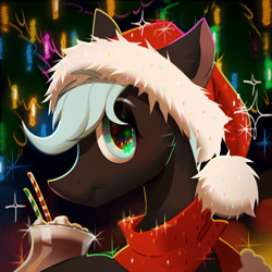 Size: 3000x3000 | Tagged: safe, artist:rrd-artist, oc, oc only, oc:midnight lancer, pegasus, pony, 2023, blue eyes, blushing, chocolate, christmas, christmas lights, christmas tree, clothes, food, hat, high res, holiday, hot chocolate, looking at you, male, santa hat, scarf, smiling, smiling at you, solo, stallion, straw, tree