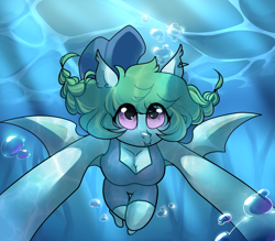 Size: 3623x3171 | Tagged: safe, artist:minty--fresh, oc, bat pony, anthro, anthro oc, arms out, braid, breasts, bubble, cleavage, clothes, crepuscular rays, hat, hat off, high res, holding breath, looking at you, ocean, smiling, smiling at you, solo, sunlight, swimming, swimsuit, underwater, water