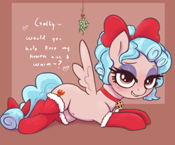 Size: 3000x2500 | Tagged: safe, alternate version, artist:t72b, cozy glow, pegasus, pony, g4, bedroom eyes, bell, bell collar, belly, bow, choker, christmas, clothes, collar, crossed legs, eyeshadow, female, filly, foal, golly, hearth's warming, high res, holiday, innuendo, lip bite, looking at you, lying down, makeup, mistletoe, prone, ribbon, socks, solo, spread wings, stockings, talking to viewer, thigh highs, wingboner, wings