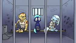 Size: 1024x578 | Tagged: safe, artist:fimflamfilosophy, oc, oc:hoof beatz, oc:tracy cage, earth pony, pony, bondage, clothes, insanity, jail, jail cell, sitting, straitjacket, toilet, unsexy bondage