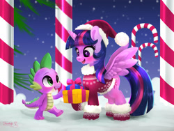 Size: 2400x1800 | Tagged: safe, artist:darksly, spike, twilight sparkle, alicorn, dragon, pony, g4, blushing, boots, brotherly love, candy, candy cane, christmas, christmas sweater, clothes, cute, duo, female, food, gloves, hat, high res, holiday, horn, male, mare, night, open mouth, santa hat, shoes, sibling love, snow, spikabetes, spikelove, spread wings, stars, sweater, twiabetes, twilight sparkle (alicorn), wings