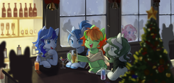 Size: 5450x2614 | Tagged: safe, artist:snail 9, pinkie pie, oc, oc:audrey, oc:levi, oc:ray frok, oc:stella, earth pony, pony, unicorn, g4, canon x oc, christmas, christmas tree, clothes, holiday, scarf, tree, window