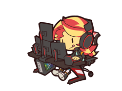 Size: 1200x900 | Tagged: safe, artist:rvceric, sunset shimmer, human, equestria girls, g4, chibi, computer, gamer sunset, headset, monitor, simple background, sitting, solo, tongue out, white background