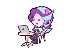 Size: 1200x900 | Tagged: safe, artist:rvceric, starlight glimmer, human, equestria girls, g4, beanie, chibi, computer, cup, eyes closed, hat, laptop computer, macbook, simple background, sitting, smiling, solo, teacup, white background