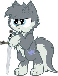 Size: 1656x2159 | Tagged: safe, artist:fliegerfausttop47, artist:guardian talon, oc, oc only, oc:flow, hybrid, pony, wolf, wolf pony, 2024 community collab, derpibooru community collaboration, bipedal, chest fluff, ear fluff, fluffy, male, paws, serious, serious face, simple background, solo, sword, transparent background, weapon