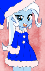 Size: 1280x2007 | Tagged: source needed, safe, artist:lirudraw, edit, trixie, human, equestria girls, g4, :d, blue, christmas, female, hat, holiday, mittens, open mouth, open smile, recolor, red background, santa hat, simple background, smiling, wrong eye color