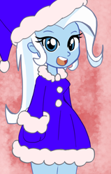 Size: 1280x2007 | Tagged: safe, artist:lirudraw, trixie, human, equestria girls, g4, :d, christmas, clothes, dress, female, hat, holiday, mittens, open mouth, open smile, purple, recolor, red background, santa hat, simple background, smiling, solo, wrong eye color