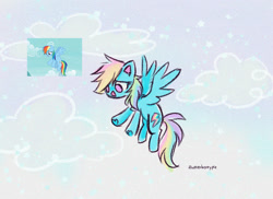 Size: 1644x1194 | Tagged: safe, artist:flutterberrypie, rainbow dash, pegasus, pony, g4, female, flying, hoof heart, lidded eyes, mare, no pupils, open mouth, open smile, scene interpretation, screencap reference, signature, smiling, snow, snowfall, solo, underhoof
