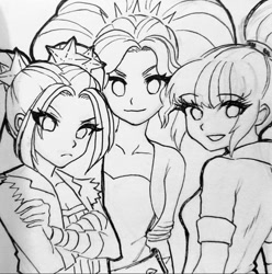 Size: 908x914 | Tagged: safe, artist:rileyav, adagio dazzle, aria blaze, sonata dusk, human, equestria girls, g4, crossed arms, female, grayscale, looking at you, monochrome, sketch, smiling, smiling at you, the dazzlings, traditional art, trio