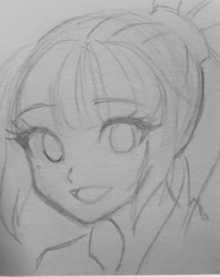 Size: 840x1059 | Tagged: safe, artist:rileyav, sonata dusk, human, equestria girls, g4, bust, eyebrows, eyebrows visible through hair, female, grayscale, looking at you, monochrome, sketch, smiling, smiling at you, solo, traditional art