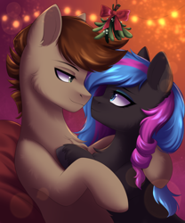 Size: 2184x2621 | Tagged: safe, artist:alunedoodle, oc, oc:neighrator pony, oc:obabscribbler, earth pony, pony, couple, duo, female, garland, high res, holiday, holly, hug, looking at each other, looking at someone, male, mistletoe, oc x oc, shipping, smiling, smug, straight, two toned mane