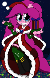 Size: 1329x2048 | Tagged: safe, artist:tenebrousmelancholy, pinkie pie, earth pony, anthro, unguligrade anthro, g4, 2023, boots, christmas, christmas lights, clothes, costume, digital art, holiday, merry christmas, night, present, santa costume, shoes, stockings, thigh highs