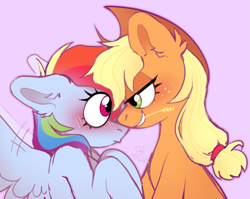 Size: 1989x1585 | Tagged: safe, artist:rtootb, applejack, rainbow dash, earth pony, pegasus, pony, g4, applejack's hat, blushing, cowboy hat, cute, embarrassed, female, gay panic, hat, in love, lesbian, looking at each other, looking at someone, mare, ship:appledash, shipping, sketch