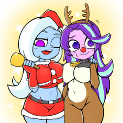 Size: 1543x1543 | Tagged: safe, artist:kyouman1010, starlight glimmer, trixie, human, equestria girls, g4, animal costume, antlers, bell, bell collar, belly button, breasts, busty starlight glimmer, busty trixie, christmas, collar, costume, duo, duo female, female, hat, holiday, reindeer antlers, reindeer costume, santa hat