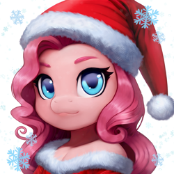 Size: 1920x1920 | Tagged: safe, artist:justvavx, pinkie pie, earth pony, pony, g4, bust, christmas, female, hat, holiday, mare, portrait, santa hat, simple background, snow, snowflake, white background