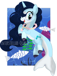 Size: 2872x3824 | Tagged: safe, artist:interstellar-quartz, oc, oc:katsumi, fish, merpony, pony, unicorn, augmented, augmented tail, bubble, dorsal fin, female, fin, fish tail, high res, mare, ocean, open mouth, open smile, scales, seaweed, smiling, solo, swimming, tail, underwater, water