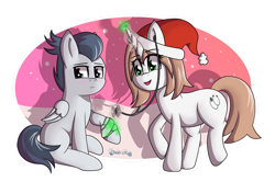 Size: 1098x728 | Tagged: safe, artist:tenderrain-art, rumble, oc, oc:healing touch, pony, g4, christmas, female, hat, holiday, magic, mare, santa hat, stethoscope