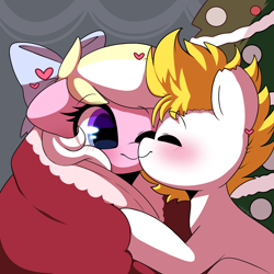 Size: 1744x1743 | Tagged: safe, artist:sakukitty, oc, oc only, oc:alabastor amril, oc:bay breeze, earth pony, pegasus, pony, blanket, blushing, boop, bow, christmas, christmas tree, commission, cute, duo, hair bow, heart, holiday, love, noseboop, shipping, tree, weapons-grade cute, ych result