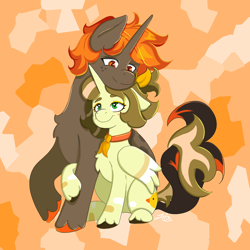 Size: 2048x2048 | Tagged: safe, artist:duckyia, oc, oc only, alicorn, bird, duck, pony, unicorn, bow, bowtie, couple, cuddling, cute, duo, hair bow, high res, hug, love, orange background, raised hoof, sitting, tail, tail wrap