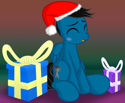 Size: 8026x6600 | Tagged: safe, artist:agkandphotomaker2000, oc, oc:pony video maker, pegasus, pony, :p, blushing, christmas, folded wings, hearth's warming, holiday, pegasus oc, present, simple background, sitting, solo, tongue out, wings