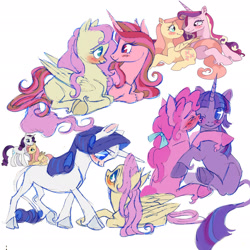 Size: 2048x2048 | Tagged: safe, artist:universalheart, fluttershy, pinkie pie, princess cadance, rarity, twilight sparkle, alicorn, classical unicorn, earth pony, pegasus, pony, unicorn, g4, blushing, cheek fluff, cheek kiss, cloven hooves, female, flutterdance, high res, horn, infidelity, kissing, leonine tail, lesbian, looking at each other, looking at someone, lying down, mare, missing cutie mark, prone, ship:flarity, ship:twinkie, shipping, simple background, unicorn twilight, unshorn fetlocks, white background
