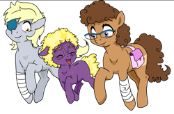 Size: 1105x723 | Tagged: safe, artist:jeremy3, derpy hooves, oc, earth pony, pegasus, comic:behind me, g4, digital art, eyepatch, fanart, female, filly, foal, food, muffin, simple background, transparent background