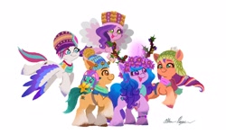 Size: 2048x1226 | Tagged: safe, artist:allisonpopick, hitch trailblazer, izzy moonbow, pipp petals, sparky sparkeroni, sunny starscout, zipp storm, dragon, earth pony, pegasus, pony, unicorn, g5, my little pony: make your mark, my little pony: make your mark chapter 3, winter wishday, adorapipp, adorazipp, antlers, baby, baby dragon, cute, female, floral head wreath, flower, group, hat, hitchbetes, izzybetes, male, mane five, mane stripe sunny, mare, open mouth, open smile, simple background, smiling, sparkybetes, stallion, sunnybetes, toque, white background