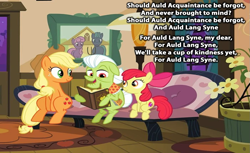 Size: 1097x673 | Tagged: safe, edit, edited screencap, editor:incredibubbleirishguy, screencap, apple bloom, applejack, granny smith, earth pony, apple family reunion, g4, apple bloom's cutie mark, apple sisters, auld lang syne, days gone by, elderly, female, filly, lyrics, mare, meme, new year, siblings, sisters, text, young mare