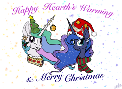 Size: 2698x1976 | Tagged: safe, alternate version, artist:astralune, princess celestia, princess luna, alicorn, pony, g4, bauble, bust, christmas, christmas lights, christmas tree, clothes, colored, colored sketch, ear piercing, earring, ethereal mane, eyeshadow, female, hat, heart, hearth's warming, holiday, holly, jewelry, lineart, looking at you, makeup, ornament, piercing, royal sisters, santa hat, scarf, siblings, signature, sisters, sketch, smiling, smiling at you, stars, striped scarf, text, traditional art, tree