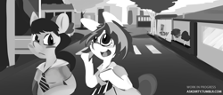 Size: 3379x1443 | Tagged: safe, artist:dirtyscoundrel, dj pon-3, octavia melody, vinyl scratch, semi-anthro, g4, arm hooves, clothes, female, grayscale, high res, lineless, mare, monochrome, necktie, shirt, street