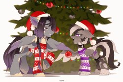 Size: 3000x2000 | Tagged: safe, artist:zlatavector, oc, oc only, oc:adam paine, oc:vanessa white, pegasus, pony, bauble, christmas, christmas sweater, christmas tree, clothes, coat markings, collar, colored pinnae, colored wings, dog collar, duo, female, happy new year, hat, high res, holiday, looking at each other, looking at someone, male, mare, one wing out, pale belly, santa hat, shipping, simple background, spread wings, stallion, standing, sweater, tail, tree, two toned mane, two toned tail, two toned wings, white background, wings