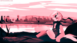 Size: 1000x563 | Tagged: safe, artist:dirtyscoundrel, oc, oc only, earth pony, semi-anthro, arm hooves, clothes, lineless, monochrome, mountain, mountain range, profile, scarf, scenery, sitting, solo, vest, water, wind