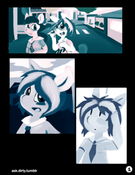 Size: 2550x3300 | Tagged: safe, artist:dirtyscoundrel, dj pon-3, octavia melody, vinyl scratch, semi-anthro, g4, arm hooves, clothes, comic, female, high res, lineless, monochrome, necktie, shirt, street