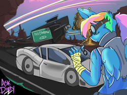 Size: 3125x2327 | Tagged: safe, artist:dirtyscoundrel, rainbow dash, pegasus, anthro, g4, bandage, canyon, car, clothes, cyberpunk, female, goggles, high res, key, midriff, pinup, post-apocalyptic, road, solo