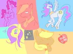 Size: 2000x1474 | Tagged: safe, artist:dirtyscoundrel, applejack, big macintosh, derpy hooves, pinkie pie, princess celestia, alicorn, earth pony, pony, g4, :p, bust, colored sketch, female, male, mare, portrait, rearing, sketch, stallion, tongue out, unamused