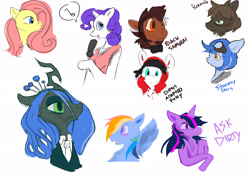 Size: 3000x2121 | Tagged: safe, artist:dirtyscoundrel, fluttershy, queen chrysalis, rainbow dash, rarity, twilight sparkle, oc, oc:blacksamurai, oc:stormy skies, changeling, changeling queen, pegasus, pony, unicorn, g4, bandana, bust, clothes, facial hair, female, goatee, goggles, high res, male, mare, microphone, pictogram, portrait, simple background, singing, sketch, sketch dump, stallion, suit, white background