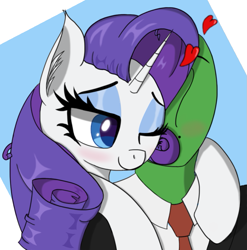 Size: 879x889 | Tagged: safe, artist:raritymylove, rarity, oc, oc:anon, pony, g4, blushing, cute, ear fluff, heart, hug, one eye closed, wink