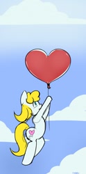 Size: 634x1280 | Tagged: safe, artist:dirtyscoundrel, oc, oc only, oc:tender heart, earth pony, pony, balloon, flying, heart, heart balloon, hoof hold, looking at something, sky, solo, that pony sure does love balloons