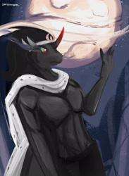 Size: 2931x4000 | Tagged: safe, artist:dirtyscoundrel, king sombra, unicorn, anthro, g4, cape, clothes, colored horn, curved horn, full moon, high res, horn, male, moon, night, partial nudity, pinup, raised hand, solo, sombra horn, topless