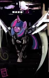 Size: 760x1200 | Tagged: safe, artist:dirtyscoundrel, twilight sparkle, alicorn, pony, g4, alternate universe, armor, artificial wings, augmented, city, female, mare, mechanical wing, night, shattered equestria au, solo, spread wings, twilight sparkle (alicorn), walking, wings