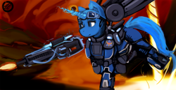 Size: 3333x1715 | Tagged: safe, artist:dirtyscoundrel, oc, oc only, oc:flint, pony, unicorn, armor, artificial wings, augmented, calm, glowing, glowing horn, gun, high res, horn, lava, mechanical wing, rifle, running, science fiction, shooting, solo, weapon, wings