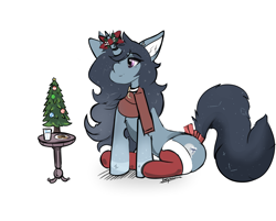 Size: 3831x3083 | Tagged: safe, artist:dirtyscoundrel, oc, oc only, pony, unicorn, christmas, christmas stocking, christmas tree, clothes, female, hair over one eye, high res, holiday, horn, mare, mistletoe, mistletoe horn, scarf, simple background, sitting, smiling, solo, tree, white background