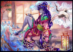 Size: 3444x2452 | Tagged: safe, artist:teitaro, artist:tiamat arts, oc, oc only, oc:bitter nightshade, bird, crane (animal), fish, koi, unicorn, anthro, unguligrade anthro, clothes, collaboration, daily deviation, female, flower, flower in hair, hairpin, high res, japan, kimono (clothing), kiseru, lantern, painted nails, pipe, profile, sitting, smoke, solo, traditional art, water, watercolor painting