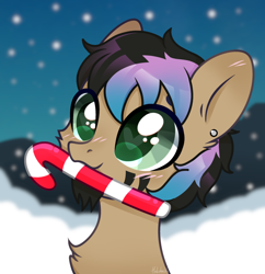 Size: 2634x2720 | Tagged: safe, artist:helithusvy, oc, oc:caramello, unicorn, candy ca, christmas, commission, ear piercing, face tat, facial hair, goatee, high res, holiday, piercing, snow, solo, ych result
