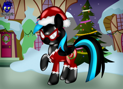 Size: 5760x4154 | Tagged: safe, alternate version, artist:damlanil, oc, oc:nightlight aura, pegasus, pony, bodysuit, christmas, christmas decoration, christmas tree, clothes, commission, costume, female, goggles, hat, holiday, house, latex, latex suit, mare, rubber, santa hat, shadowbolts, shadowbolts costume, shiny, show accurate, snow, solo, suit, tree, uniform, vector, wings