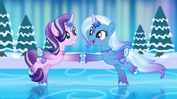 Size: 3840x2160 | Tagged: safe, artist:limedazzle, starlight glimmer, trixie, auroricorn, pony, g4, g5, aurora borealis, crystal horn, cute, dancing, diatrixes, duo, duo female, female, g5 to g4, generation leap, glimmerbetes, glitter, grin, happy, high res, horn, ice, ice skating, jewelry, lesbian, looking at each other, looking at someone, mare, necklace, open mouth, open smile, race swap, reflection, ship:startrix, shipping, smiling, snow, species swap, tree, unshorn fetlocks, winter